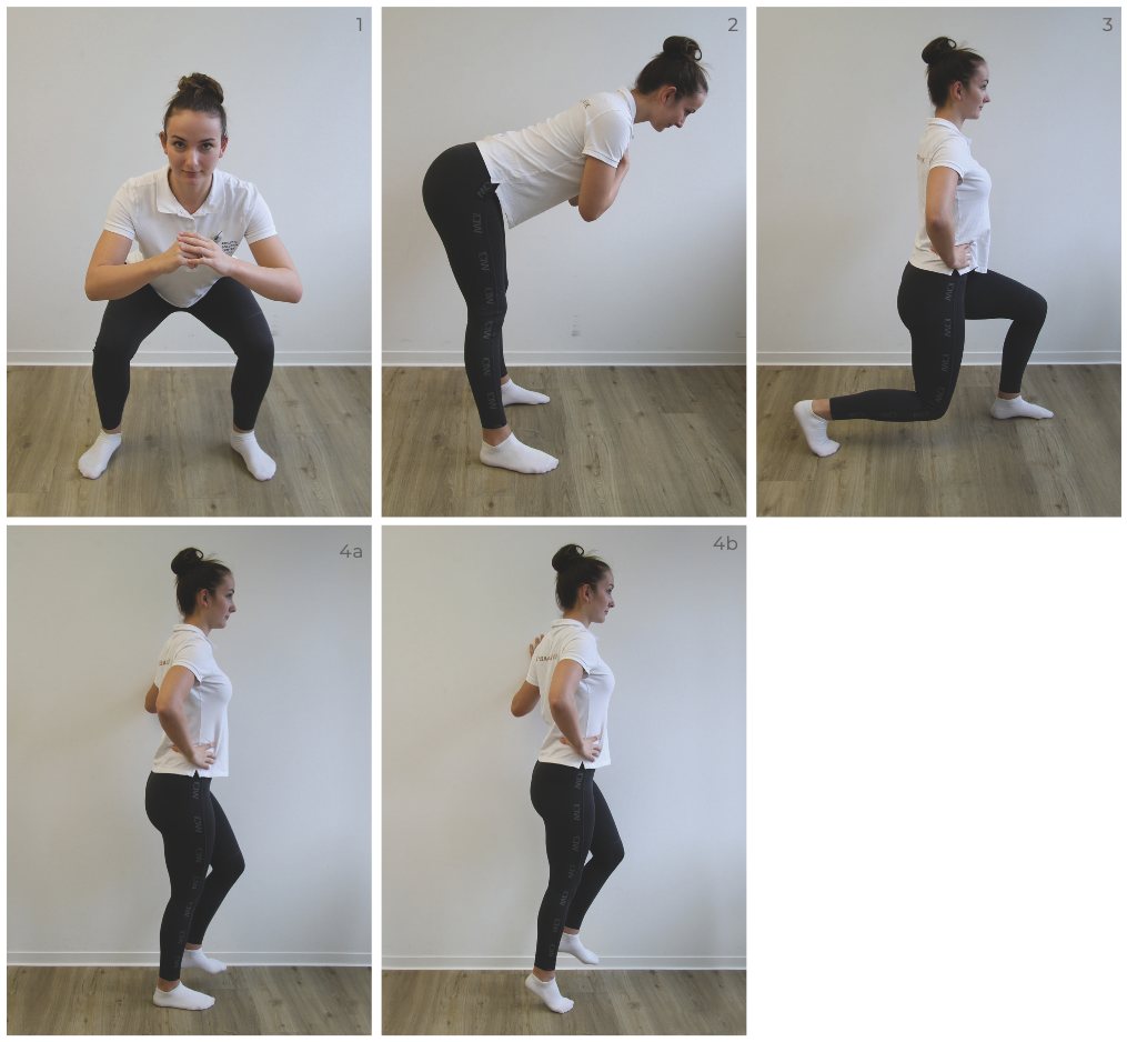 Fotos der Übungen des 12-Minuten-Programms Stabilität Knie, beschriftet mit Nummer und Stellung