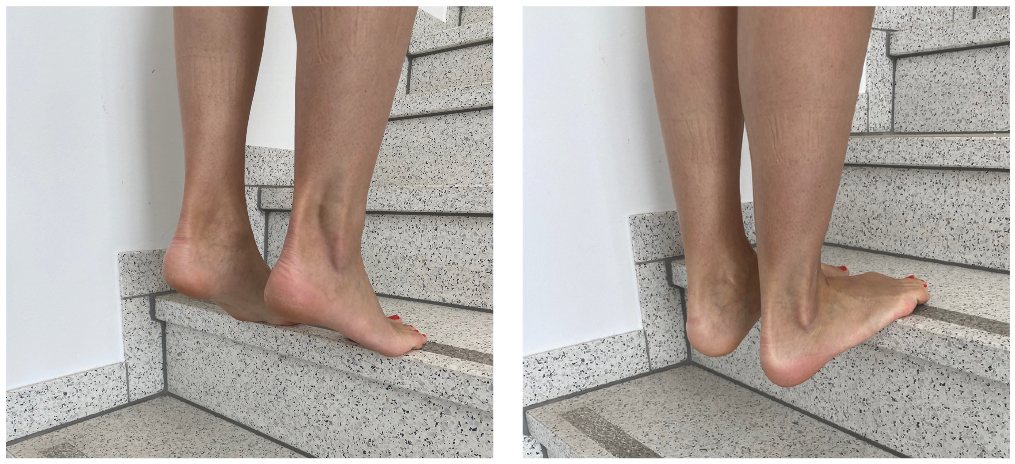 Zwei Fotos: Füße auf einer Treppenstufe, einmal im Zehenstand, einmal mit abgesenkten Fersen